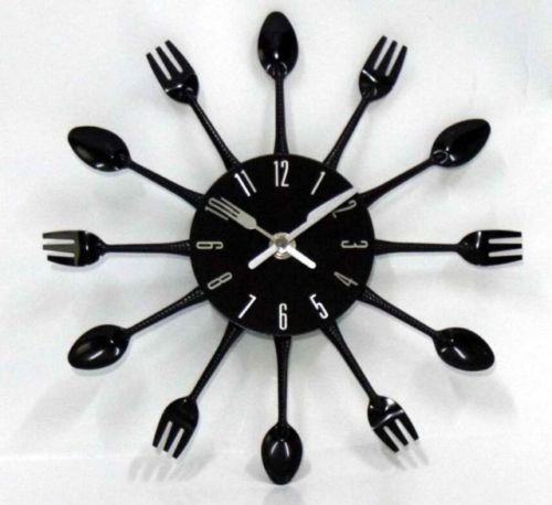 24cm Modern Black Cutlery Retro Wall Clock Fork & Spoon Kitchen Decoration Newly