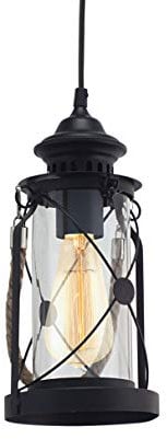 EGLO Pendellampe Bradford, 1 Flammige Vintage Pendelleuchte, Laterne, Material: Stahl, Farbe: Schwarz, Glas: Klar, Fassung: E27