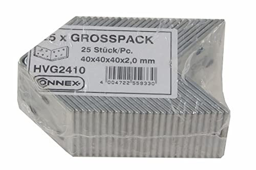 Connex Winkelverbinder 40 x 40 x 40 mm - 2 mm Materialstärke - 25 Stück - chromfarbig - Verzinktes Material / Aluwinkel / Winkelstahl / Winkel / HVG2410