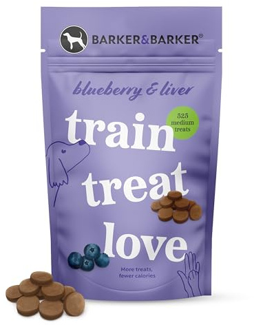 Barker and Barker Medium Dog Training Treats, Blueberry Liver, Low Calorie | 525 Treats per Pot, Antioxidant-Rich, Grain Free, High in Protein, Vitamin C, B6 & E, Human-Grade, Small & Medium Dogs