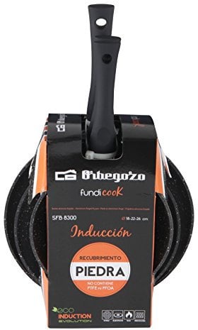 Orbegozo SFB 8300 - Set de 3 sartenes de Aluminio Forjado, Diámetro de 18, 22 y 26 cm, Recubrimiento Piedra Antiadherente, Color Negro