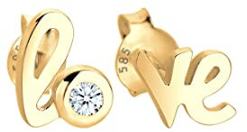 Elli DIAMONDS Ohrringe Damen Ohrstecker Love Schriftzug Basic mit Diamant (0.03 ct.) in 585 Gelbgold