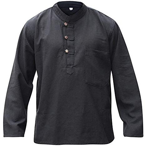 Shopoholic Fashion Camicie da Uomo Hippy con Colletto a Fascetta in Tessuto di Canapa Tinta Unita