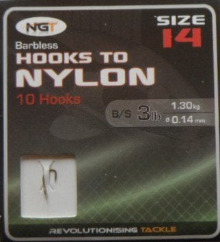 NGT Hooks To Nylon barbless Size 14-10 hooks