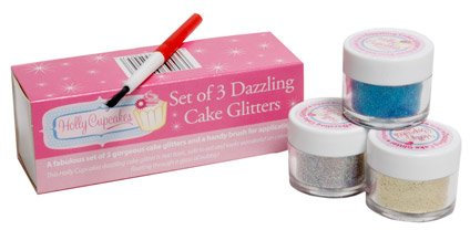 Set of 3 Holly Cupcakes Stunning Sparkly Decorating Glitters with Application Brush: Silver, Gold and Blue