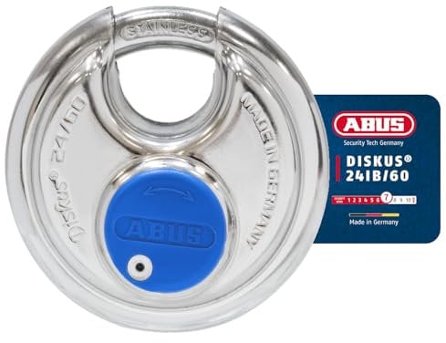 ABUS Candado Diskus 24IB/60 de acero inoxidable - con protección integral de 360° - para protección contra condiciones climáticas severas - 05584 - nivel de seguridad 7 - plata/azul