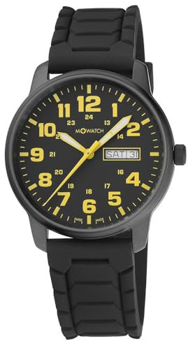 M+Watch - Drive Herrenuhr 40mm - WBD.90320.RB - Gelbe Zeiger & Ziffern - Leuchtende Zeiger - Silikonarmband - Gebürstetes Edelstahlgehäuse schwarz IP - Wasserdicht 30 m - Hergestellt in der Schweiz