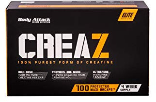 Body Attack CREAZ, Creatine-Booster mit 100% reinem Kreatin für mehr Kraftzuwachs, Hardcore Workouts, Vegan (100 Kapseln)