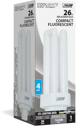 Feit Electric 26-Watt PLT CFL Light Bulb, GX24Q-3 4-Pin Base, 1600 Lumens, 4100K Cool White, PL-Shaped Compact Fluorescent Bulb for General Purpose and Task Lighting, 10,000 Hour Lifetime, PLT26E/41