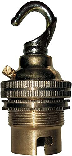 1 Pack Traditional Earthed Solid Brass Lampholder with Shade Retaining Ring and Metal Deco Styled Hook | Raw Brass - no lacquer| B22|B22D | Bayonet Cap
