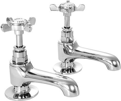 Deva CR19 Basin Chrome Mixers Hot & Cold Traditional Edwardian Coronation Style Era Cross Handle Pillar Faucet Tap – 12 Year Warranty, Set of 2 Pieces