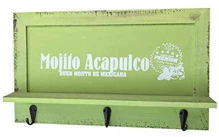 quantio Nostalgisches Holz Schlüsselbrett - Garderobe mit 3 Haken - Brett mit Ablage - Schlüsselablage BZW. Handy-Ablage - Hakenleiste, Farbe:Grün