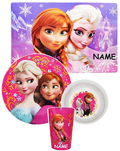 4 tlg. Geschirrset incl. Namen - die Eiskönigin - Frozen - Melamin - Trinkbecher + Teller + Müslischale + Platzdeckchen - Kindergeschirr - Frühstücksset M..