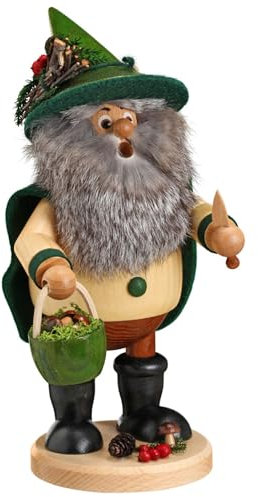 Drechselwerkstatt Uhlig DWU | Handgefertigter Räuchermann | Traditionelles Kunsthandwerk | Weihnachtsdekoration Wichtel | 25 cm | Pilzsammler grün