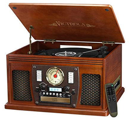 Victrola Nostalgic Aviator Wood 8-in-1 Bluetooth Turntable Entertainment Center, Mahogany