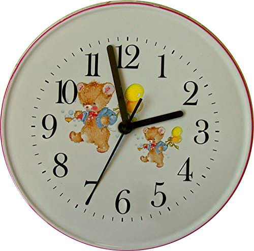 Quarz Kinderuhr 2 Teddy's mit Luftballon Roter Rand handgemalt, runde Keramik Wanduhr