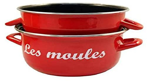 Baumalu, Marmite à Moules 18 cm Marquage Rouge - Acier Émaillé de Qualité Lourde avec Couvercle Inox, Compatible Tous Feux et Induction, Idéale pour Coquilles Vides