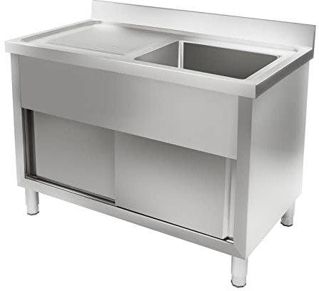 Royal Catering Plonge Professionnelle Armoire sous Evier Inox RCHS-1200WS (65x120x95cm, portes coulissantes 2, rebord 10 cm, inox)