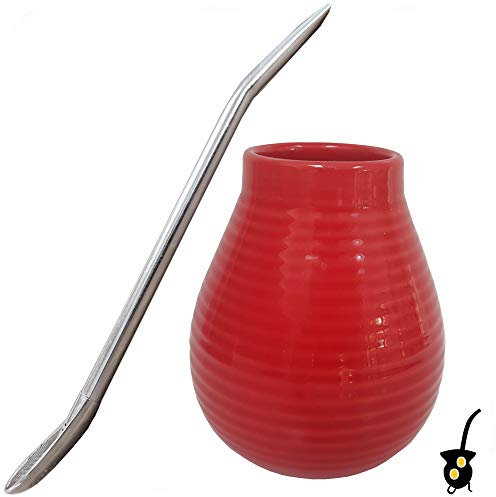 Gaucho Bruno – Mate de Cerámica y Bombilla, Pajita Acero Inoxidable - Conjunto Reutilizable para Mate Argentino – Antideslizante y Fácil de Limpiar – 400ml - Rojo