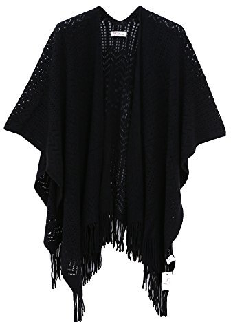 Soul Young Damen Stricken Stola Große Größen Warm Weich Poncho Shawl Cardigan Kimono(One size,Schwarz)