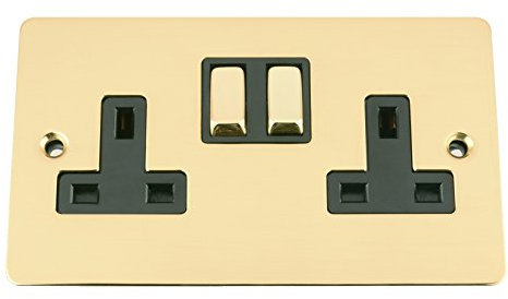 A5 Wall Socket 2 Gang - Polished Brass Flat - Black Insert - Metal Rocker Switch - 13A Double Plug Socket