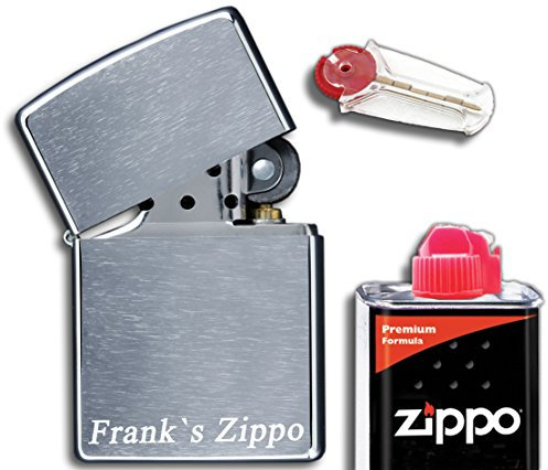 3Dglas Original Feuerzeug mit Text Gravur - 1 zeilig | inkl. Geschenkset (Flints, Benzin) | Chrom gebürstet | kompatibel mit Zippo