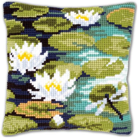 Vervaco Kreuzstich Stickpackungen Kissen Stickerei Set Anfänger Vorgedruckt Seerosen à la Monet DIY Set Kreativ Set Für Erwachseneca. 40 x 40 cm Bastelset Handwerker Haus Dekoration