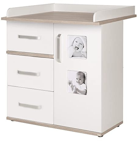 roba Wickelkommode mit Wickelansatz „Moritz“, Wickeltisch mit 2 Bilderrahmen, weiß, Luna Elm