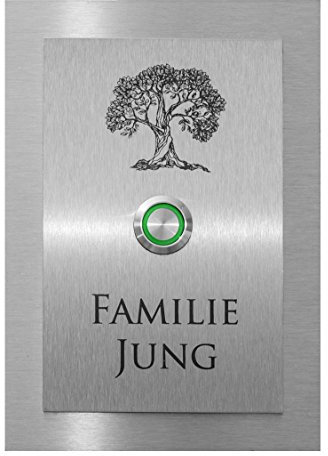 Edelstahl Klingelplatte Dakota XL mit Motiv Baum Klingelschild mit LED Taster und Gravur Klingel Türklingel (LED grün)