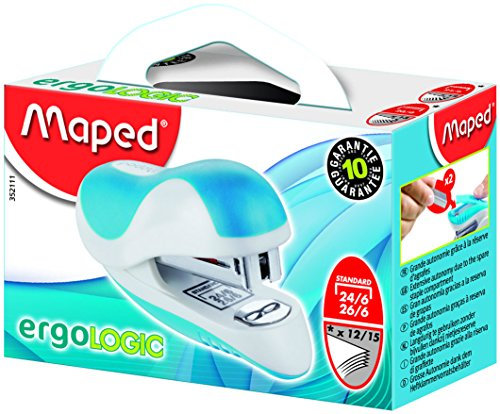 Maped - Grapadora de Oficina - Ergologic Mini 26/6 - Grapadora Manual - Zona de Apoyo Blanda - Compatible con Grapas 24/6 y 26/6 - Profundidad de Grapado de 27 mm - 3 Colores
