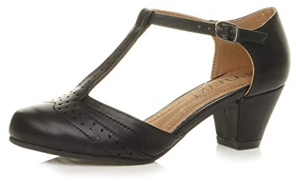 Ajvani Womens Ladies mid Block Heel t-bar Cut Out Buckle Brogue Shoes Sandals , Black Matte, 3 UK