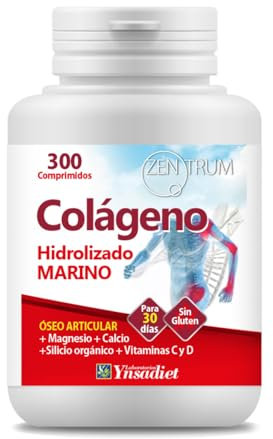 Colágeno Hidrolizado Marino con Magnesio, Calcio, Vitamina C y D | 300 Comprimidos | Zentrum Ynsadiet | Sin Gluten | Complemento Alimenticio para Huesos, Cartílagos y Músculos | 50 Días