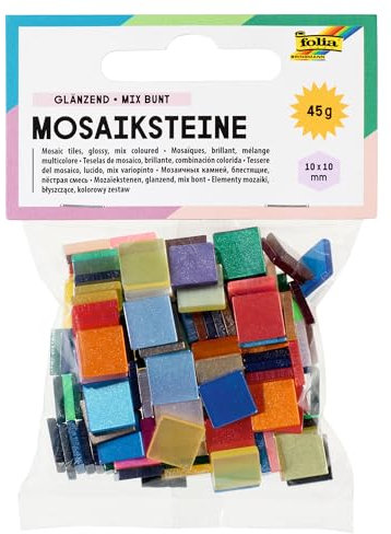 folia 59209 - Mosaiksteine glänzend, aus hochwertigem Kunstharz, 10 x 10 mm, 190 Stück sortiert in 20 Farben, glänzend und lichtdurchlässig