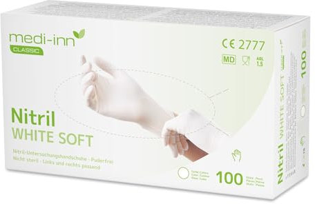 Medi-Inn Nitril White Soft Einmalhandschuhe weiß puderfrei (100 Stück, Größe: M)