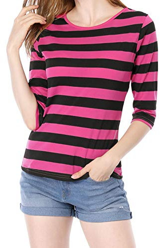 Allegra K Disfraz de Halloween para Mujer Mangas en el Codo Top Cuello Redondo Camiseta Ajustada Camiseta Estampada Informal Negro Fucsia L