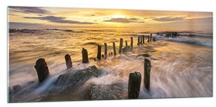 Moderne Impression sur Verre 100x40cm Image Tableau en Verre Decoration Murale mer Baltique mer brise-lames Paysage Grand Tableaux Decoratifs Muraux Chambre Panoramique Deco Salon Art GAB100x40-3092