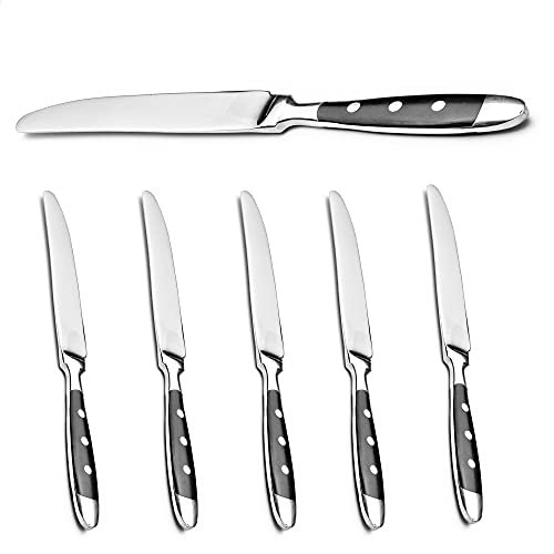 Kerafactum Juego de 6 cuchillos de mesa de acero inoxidable con hoja de sierra, cuchillo de menú de pizarra, cuchillo de carne, cuchillo de sierra con asas negras, juego ampliable