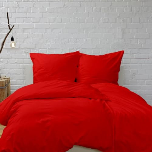 Hans-Textil-Shop Bettwäsche Rot 135x200 cm – 100% Baumwolle, handgefertigt in Deutschland, Stoff aus Europa, von Hand zugeschnitten & genäht, mit Reißverschluss & Kissenbezug 80x80 cm