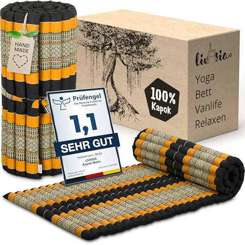 livasia Rollmatte Rollmatratze M schmal Einzelbett - 200x75x4,5cm - Gästebett Gästematratze 1 Person mit Muster, Reisebett Kofferraum Outdoor, Thaimatte Kapok Garten handgefertigt (Schwarz/Orange)