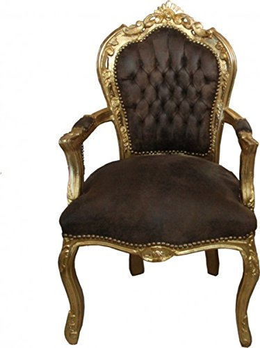 Casa Padrino Barock Esszimmer Stuhl mit Armlehnen Braun/Gold Lederoptik