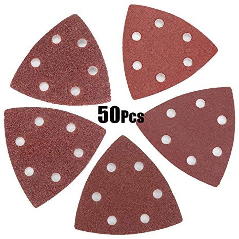 50Pcs Triangle Sandpaper Sanding Sheets Paper Discs Sander Grinder Pads Hook and Loop Assorted 40/60/ 80/100/ 120Grits for Sanding Polishing Rust Removal