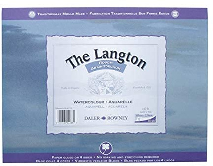 Daler-Rowney The Langton Watercolour Paper, Rough, 300 gsm, 140lb, Pad, Glued 4 Sides, 12 x 9in - 30.5 x 22.9 cm, Natural White, 12 Sheets