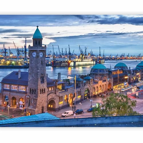 Fototapete - Tapete Stadt 250x193 cm - Foto Tapete Schlafzimmer Wohnzimmer Moderne Vliestapete XXL Wandtapete Motivtapeten Bildtapete 3d Effekt Wand Dekoration - Hamburg Hafen Fluss Uhr 100404-154