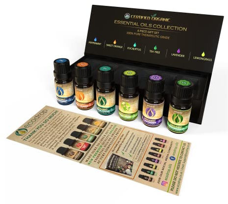 EcoDrop Certified Organic Essential Oils Set- 100% Pure Aromatherapy Oils - Premium Quality Peppermint, Sweet Orange, Eucalyptus, Tea Tree, Lavender & Lemongrass Oils - Free E-Book Included