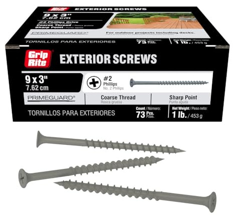 Grip-Rite Exterior Screws - Safe for Use in Treated Lumber - #2 Phillips Bugle Head - Coarse Thread Deck Screws - PrimeGuard Coating - 1lb Box - #9 x 3 - Gray - PTN3S1