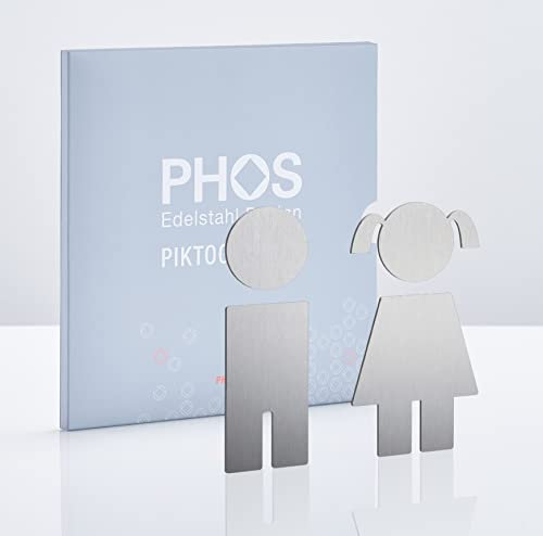 WC Piktogramme Junge und Mädchen, 9,5 cm Höhe, Edelstahl matt, selbstklebend, Toilettensymbole, Kinder-Toiletten-Türschilder zum Kleben auf 1 oder 2 Türen, 100% Made in Germany - PHOS Design