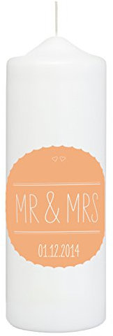 Hochzeitskerze Mr & Mrs in Weiß mit Datum, apricot hinterlegt - personalisiert mit Hochzeitsdatum, finaler Wachs-Überzug für ebenmäßige Oberfläche