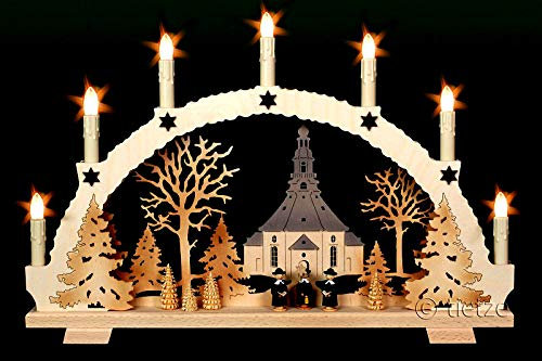 3D Schwibbogen Seiffener Kirche & Kurrende 7 Kerzen, 53cm x 35cm - Handarbeit Erzgebirge Weihnachten erzgebirgischer