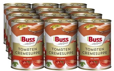 Buss Klassische Suppen - Tomatensuppe verfeinert mit Sahne - Lecker-Fruchtige Tomatencremesuppe - Schnelle vegetarische Fertiggerichte zum Aufwärmen in Mikrowelle & Topf - Lange haltbar - 12 x 400g
