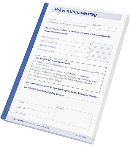 Präventionsvertrag durchschreibend Vordruck Therapie 1 Block à 100 Sätze, DIN A5